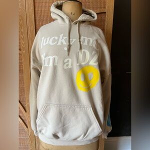 Gildan Lucky Me Im a Delta Zeta Beige Hoodie with Yellow Smiley